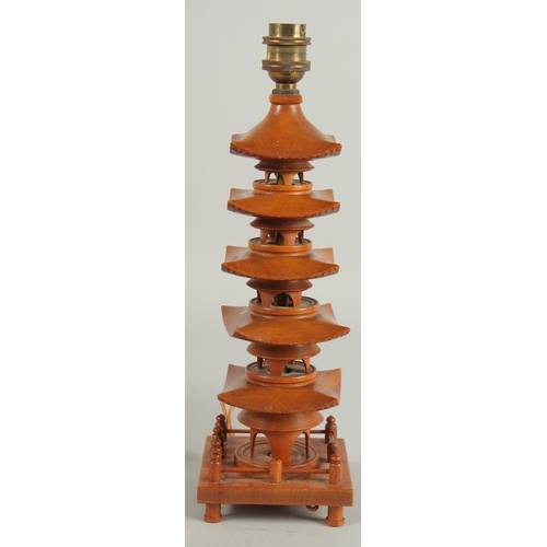 30 - A CHINESE CARVED BOXWOOD PAGODA FORM LAMP, with shade, 51cm high overall.