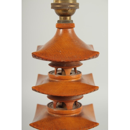 30 - A CHINESE CARVED BOXWOOD PAGODA FORM LAMP, with shade, 51cm high overall.