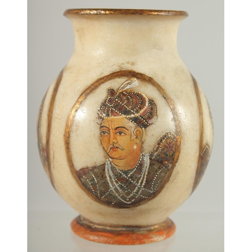 307 - A PAINTED PORTRAIT ALABASTER VASE, 13cm high.