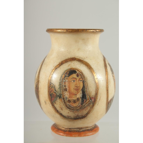 307 - A PAINTED PORTRAIT ALABASTER VASE, 13cm high.