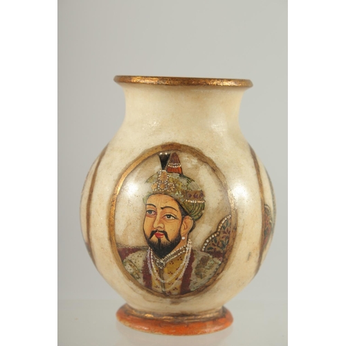 307 - A PAINTED PORTRAIT ALABASTER VASE, 13cm high.