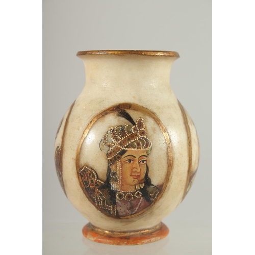 307 - A PAINTED PORTRAIT ALABASTER VASE, 13cm high.