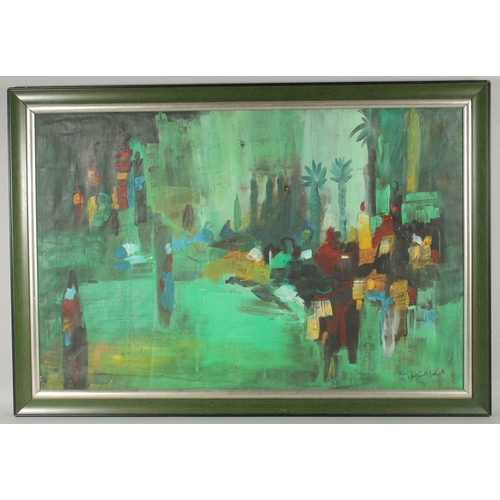 321 - AN OIL ON CANVAS PAINTING DEPICTING AN ABSTRACT LANDSCAPE SCENE, signed Ismail Alsheikhly, Iraq, (19... 