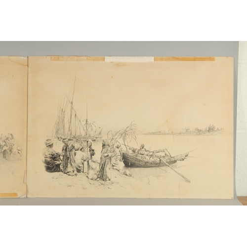 323 - TWO FINE ORIENTALIST PEN AND INK DRAWINGS BY SIR WILLIAM ASHTON, C1913, depicting a waterside scene ... 