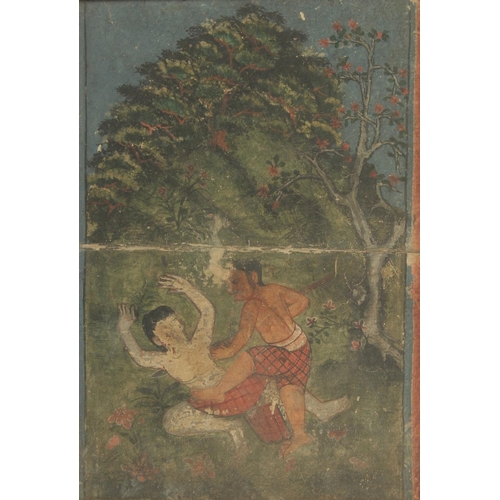 326 - A 19TH CENTURY KHMER DOUBLE-SIDED PAINTING, depicting a man spearing another man, the verso with a m... 