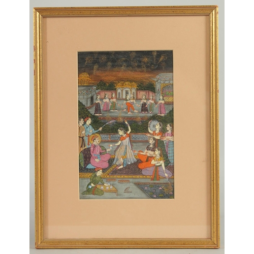 327 - AN INDIAN MINIATURE PAINTING, depicting a seated dignitary and dancing ladies, framed and glazed, im... 