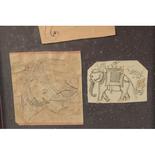 329 - THREE 18TH-19TH CENTURY INDIAN DRAWINGS OF ELEPHANTS, framed and glazed together, frame 43cm x 37cm.