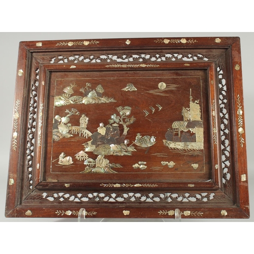 33 - A CHINESE MOTHER OF PEARL INLAID HARDWOOD TRAY, 43.5cm x 55.5cm.