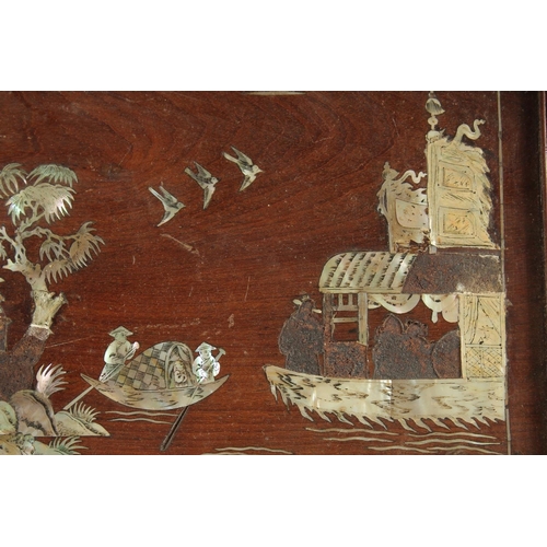 33 - A CHINESE MOTHER OF PEARL INLAID HARDWOOD TRAY, 43.5cm x 55.5cm.