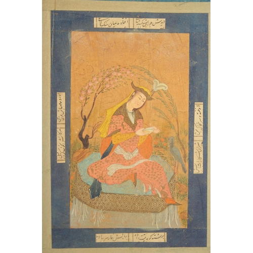 333 - AN 18TH-19TH CENTURY PERSIAN MINIATURE PAINTING of a seated lady, unframed, 29.5cm x 20cm.