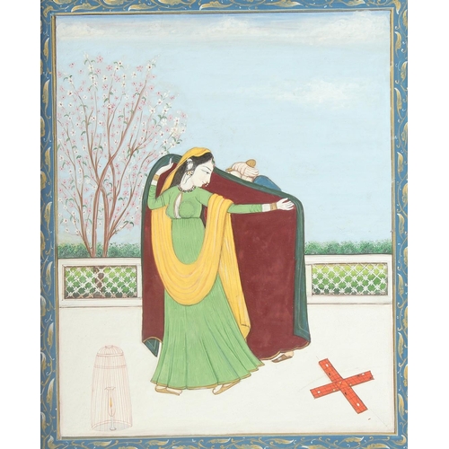 334 - AN INDIAN PAHARI OR PUNJAB HILLS PAINTING of a lady hiding her lover, with mount-board surround; unf... 