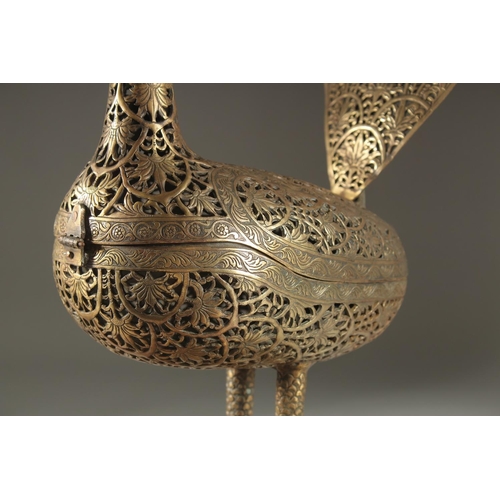 340 - A FINE LARGE INDO PERSIAN QAJAR OPENWORKED BRASS PEACOCK INCENSE BURNER, decorated with pierced and ... 