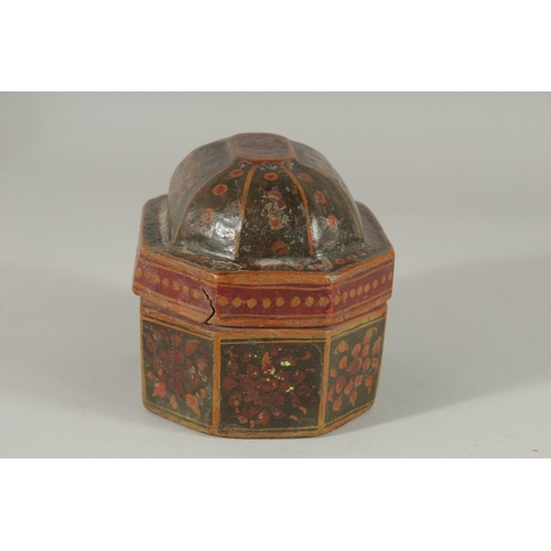 346 - A 19TH CENTURY INDIAN LACQUERED PAPIER-MACHE PANDAN BOX, 14cm x 11cm x 11cm.