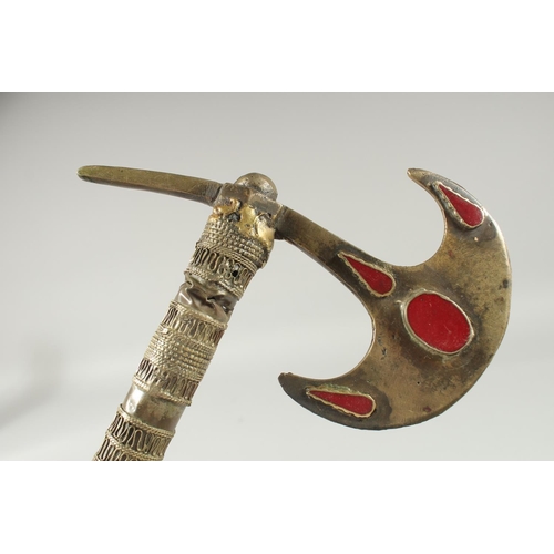 351 - AN UNUSUAL TURKMEN CEREMONIAL AXE, 59cm high.