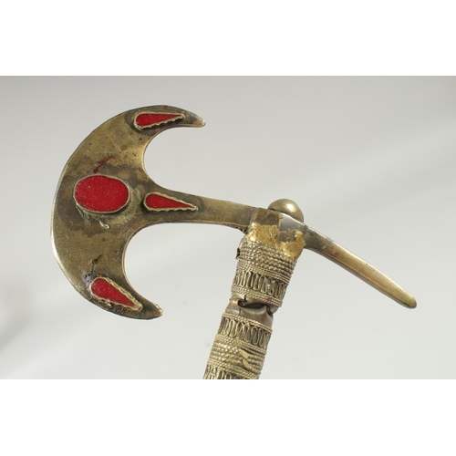 351 - AN UNUSUAL TURKMEN CEREMONIAL AXE, 59cm high.