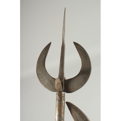 352 - AN UNUSUAL 19TH CENTURY NORTH INDIAN SILVER INLAID STEEL COMBINATION AXE, 85cm long.