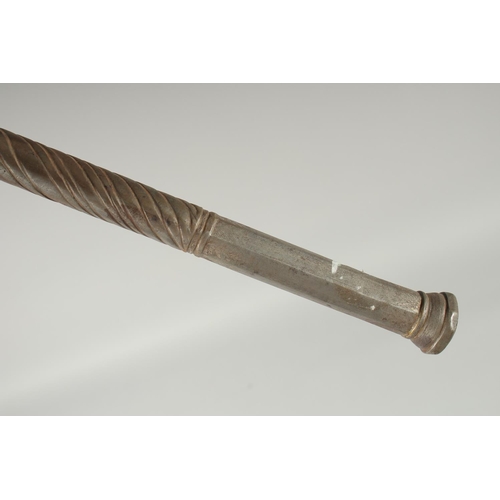 352 - AN UNUSUAL 19TH CENTURY NORTH INDIAN SILVER INLAID STEEL COMBINATION AXE, 85cm long.