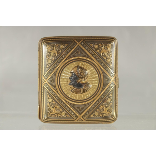 355 - TWO FINE 19TH CENTURY TOLEDO GOLD INLAID CIGARETTE CASES, 9cm x 8cm and 8.5cm x 7.5cm.