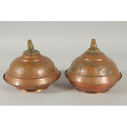 356 - A RARE PAIR OF 18TH CENTURY OTTOMAN TURKISH GILDED COPPER TOMBAK LIDDED DISHES, 16.5cm diameter.