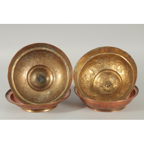 356 - A RARE PAIR OF 18TH CENTURY OTTOMAN TURKISH GILDED COPPER TOMBAK LIDDED DISHES, 16.5cm diameter.