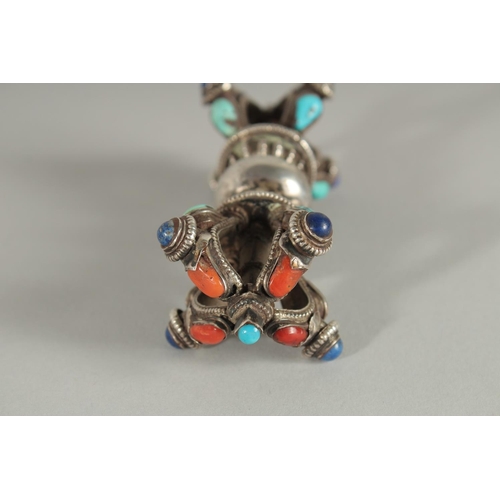 359 - A RARE 19TH-20TH CENTURY TIBETAN MONGOLIAN TURQUOISE, LAPIS AND CORAL INSET SILVER VAJRA ORNAMENT, 1... 