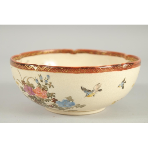 37 - A JAPANESE SATSUMA PETAL FORM BOWL, painted with birds and native flora with fine gilt highlights, t... 