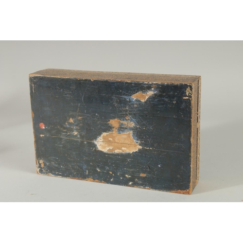 378 - A KASHMIRI LIDDED WOODEN BOX, 24cm x 15.5cm.