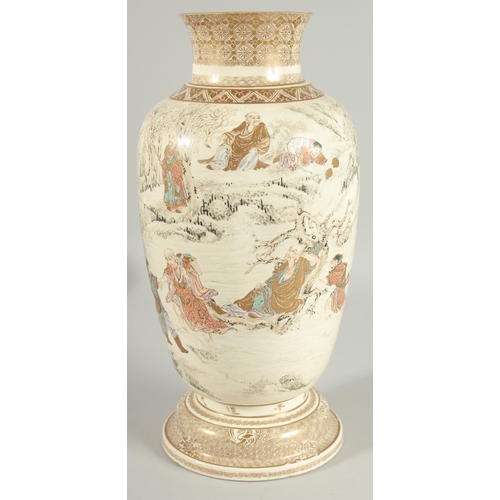 38 - A LARGE JAPANESE SATSUMA VASE, painted with immortals and further embellished with gilt highlights, ... 