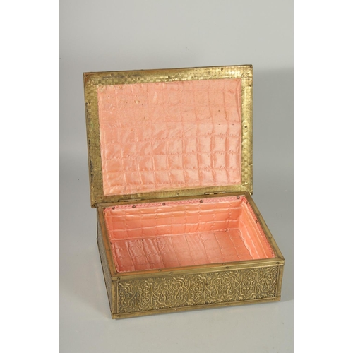 380 - A SPANISH BRASS OVERLAID WOODEN BOX, together with a six framed silver badges, (2).