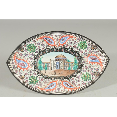 388 - AN INDIAN KASHMIR ENAMEL PAINTED KASHKUL AND TRAY.