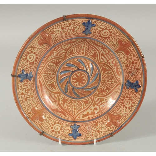 395 - A FINE 19TH CENTURY HISPANO-MORESQUE COPPER LUSTRE AND BLUE GLAZE PLATE, with various motifs and rai... 