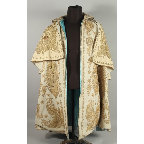 398 - A VERY FINE MOROCCAN GILT METAL THREAD EMBROIDERED COAT, with silk lining, component garment embroid... 