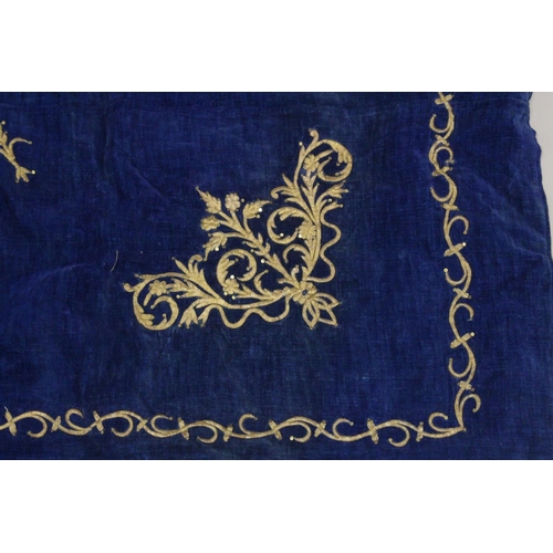 399 - A FINE OTTOMAN GILT METAL THREADED BLUE VELVET TEXTILE, 185cm x 135cm.