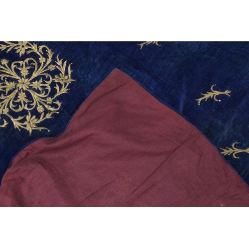 399 - A FINE OTTOMAN GILT METAL THREADED BLUE VELVET TEXTILE, 185cm x 135cm.