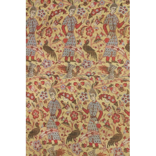 400 - A 19TH CENTURY SAFAVID STYLE TEXTILE, depicting a repeated pattern of a courtier holding a wine cup ... 