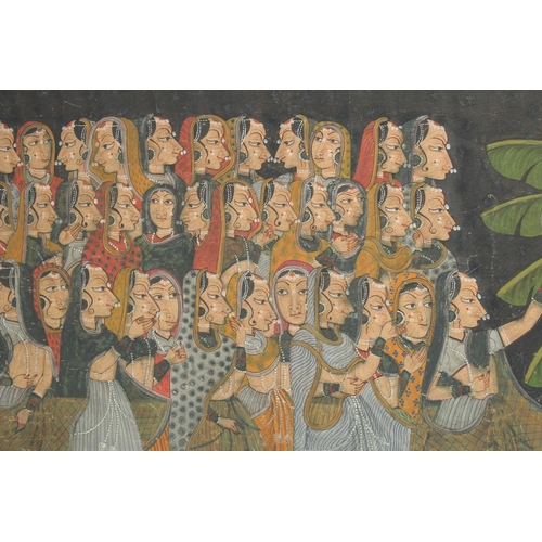 404 - A VERY LARGE 19TH / EARLY 20TH CENTURY FRAMED INDIAN PAINTED TEXTILE, depicting Krishna amongst gopi... 