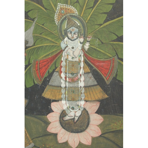 404 - A VERY LARGE 19TH / EARLY 20TH CENTURY FRAMED INDIAN PAINTED TEXTILE, depicting Krishna amongst gopi... 