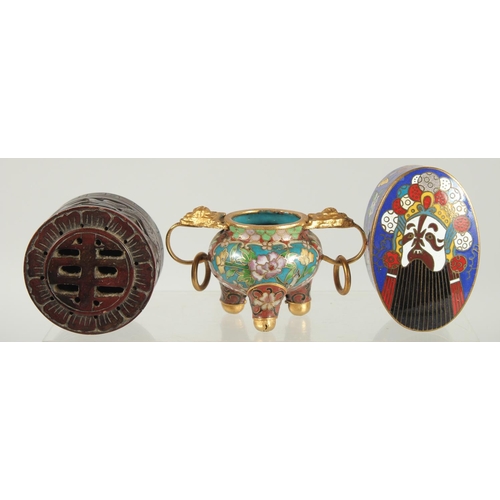 46 - THREE SMALL CHINESE TRINKETS; a miniature cloisonne censer, a cloisonne lidded box, and a hardstone ... 