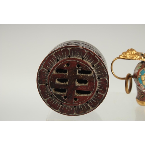 46 - THREE SMALL CHINESE TRINKETS; a miniature cloisonne censer, a cloisonne lidded box, and a hardstone ... 