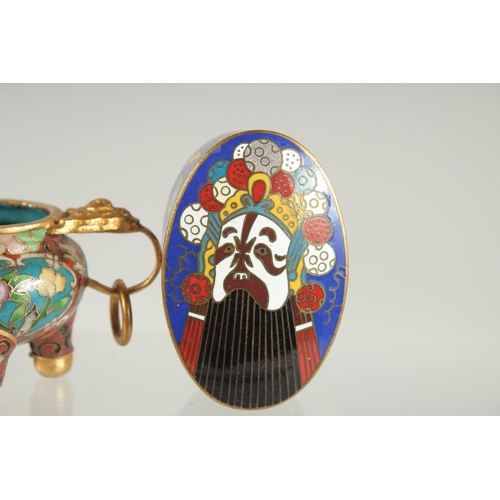 46 - THREE SMALL CHINESE TRINKETS; a miniature cloisonne censer, a cloisonne lidded box, and a hardstone ... 