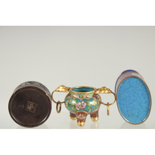 46 - THREE SMALL CHINESE TRINKETS; a miniature cloisonne censer, a cloisonne lidded box, and a hardstone ... 