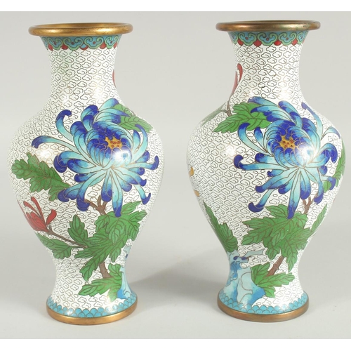 48 - A GOOD PAIR OF CHINESE CLOISONNE VASES, decorated with flora and butterfly with mixed enamels on whi... 