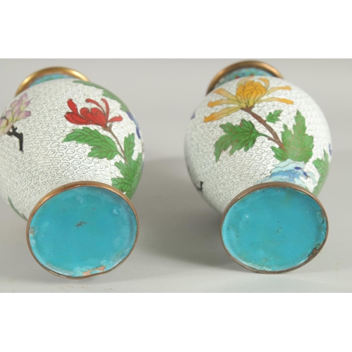 48 - A GOOD PAIR OF CHINESE CLOISONNE VASES, decorated with flora and butterfly with mixed enamels on whi... 