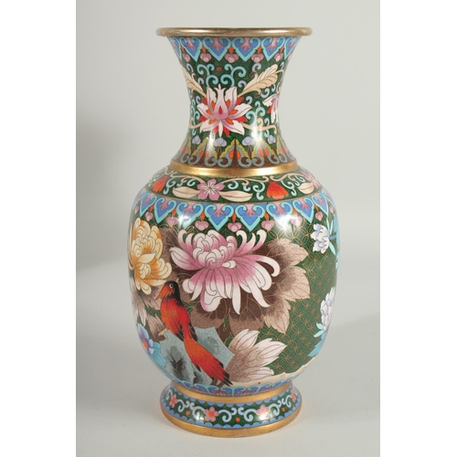 50 - A FINE AND LARGE CHINESE CLOISONNE VASE, beautifully decorated with birds and native flora using mix... 