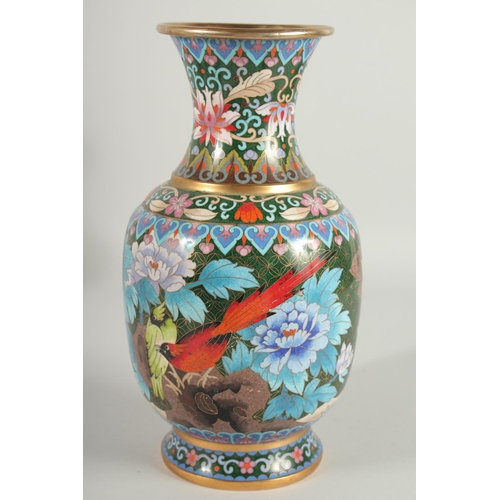 50 - A FINE AND LARGE CHINESE CLOISONNE VASE, beautifully decorated with birds and native flora using mix... 