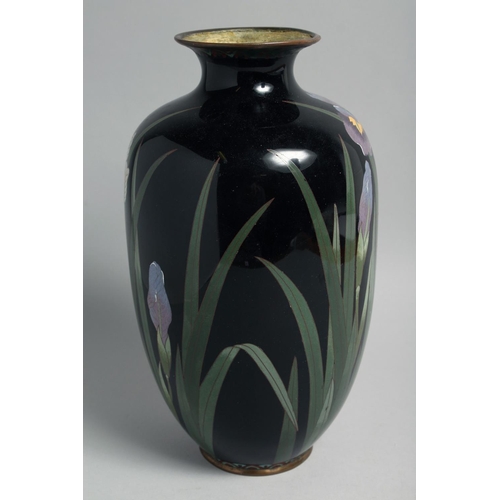 52 - A LARGE JAPANESE BLACK GROUND CLOISONNE VASE, with floral decoration, 30cm high.