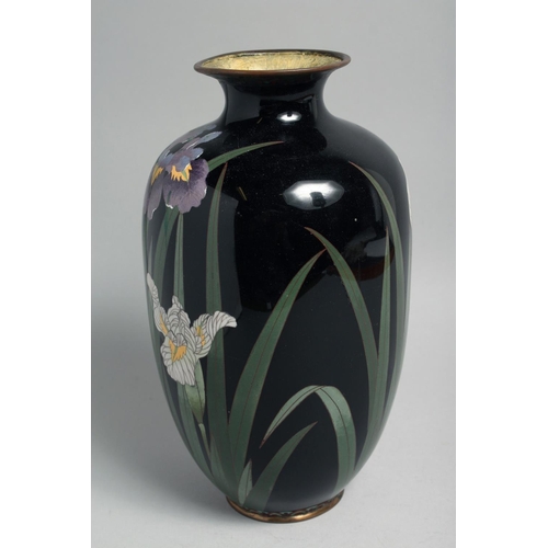 52 - A LARGE JAPANESE BLACK GROUND CLOISONNE VASE, with floral decoration, 30cm high.