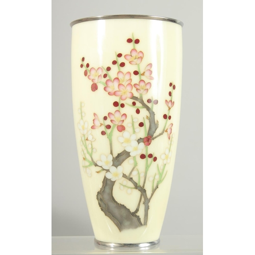 53 - A JAPANESE YELLOW GROUND CLOISONNE VASE, depicting a prunus tree, 24.5cm high.