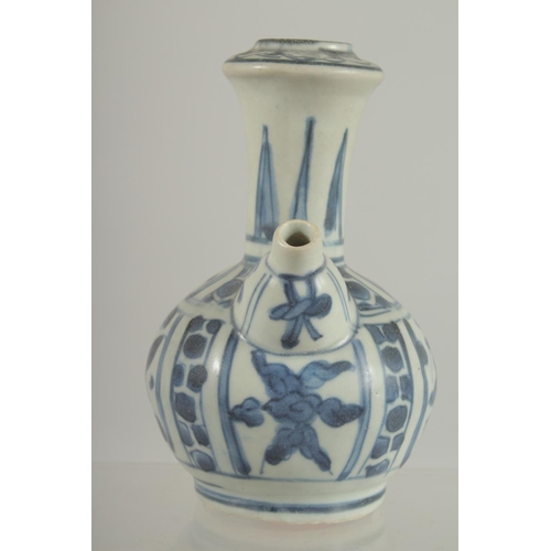 6 - A SMALL 18TH CENTURY NANKING CARGO BLUE AND WHITE PORCELAIN KENDI, with panels of birds, 13.5cm high... 