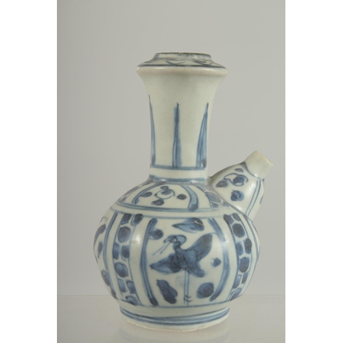 6 - A SMALL 18TH CENTURY NANKING CARGO BLUE AND WHITE PORCELAIN KENDI, with panels of birds, 13.5cm high... 